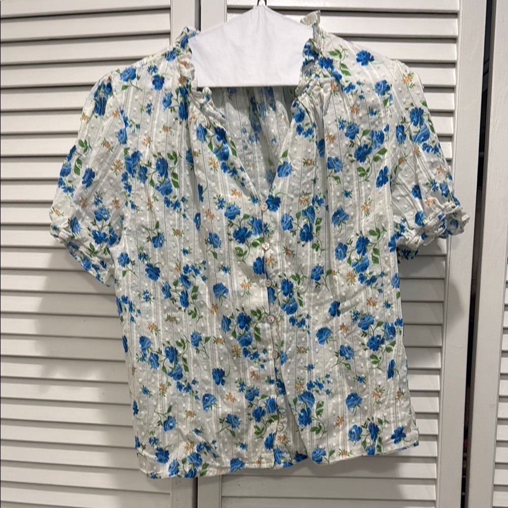 Nanette Lepore White and Blue Ruffled Blouse